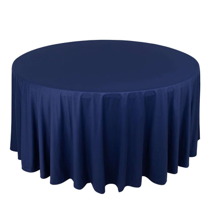 Premium Scuba Round 120" Tablecloth Navy Blue - Wrinkle Free & Stain Resistant Seamless Table Cover Pro Linens