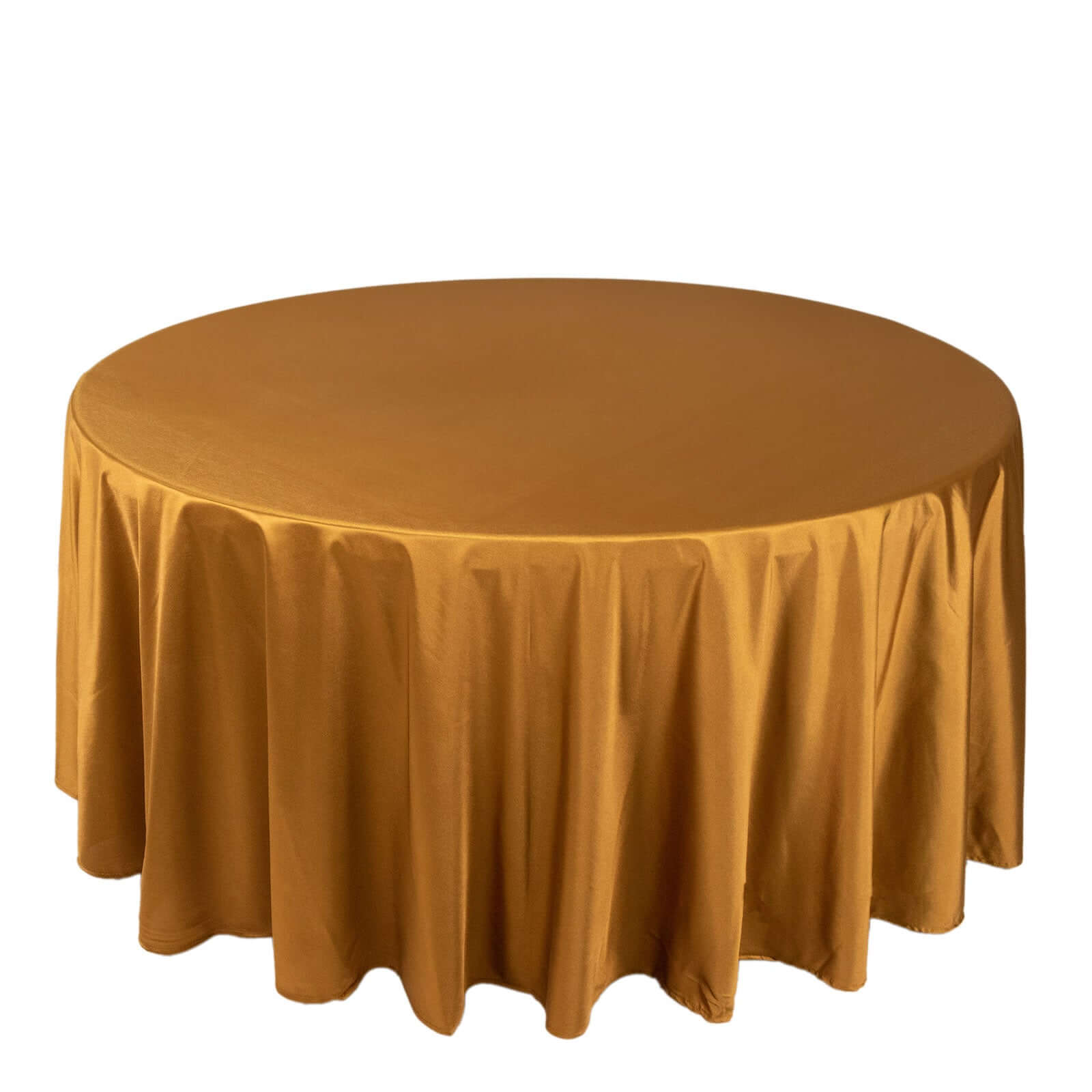 Premium Scuba Round 120" Tablecloth Shimmering Gold - Wrinkle Free, Stain Resistant & Seamless Table Cover for Weddings and Parties Pro Linens