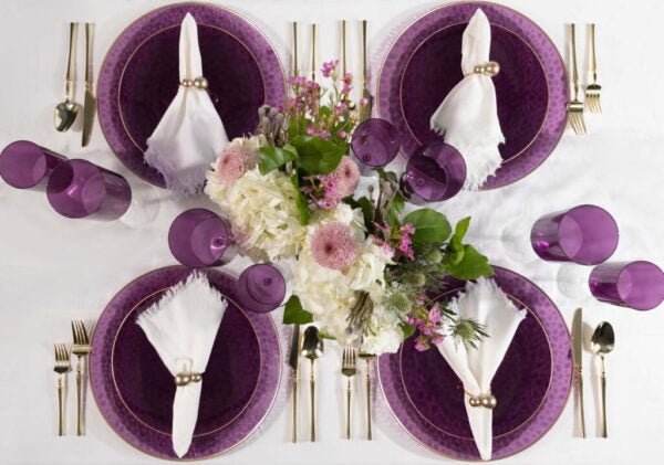 Purple and Gold Round Hammered Plastic Plates - Organic Hammered Plate Pro Linens