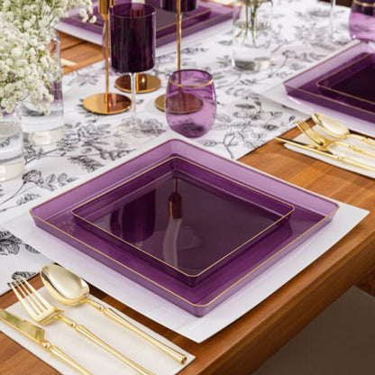 Purple Transparent and Gold Rim Square Plastic Plates - Square Edge Plate Pro Linens