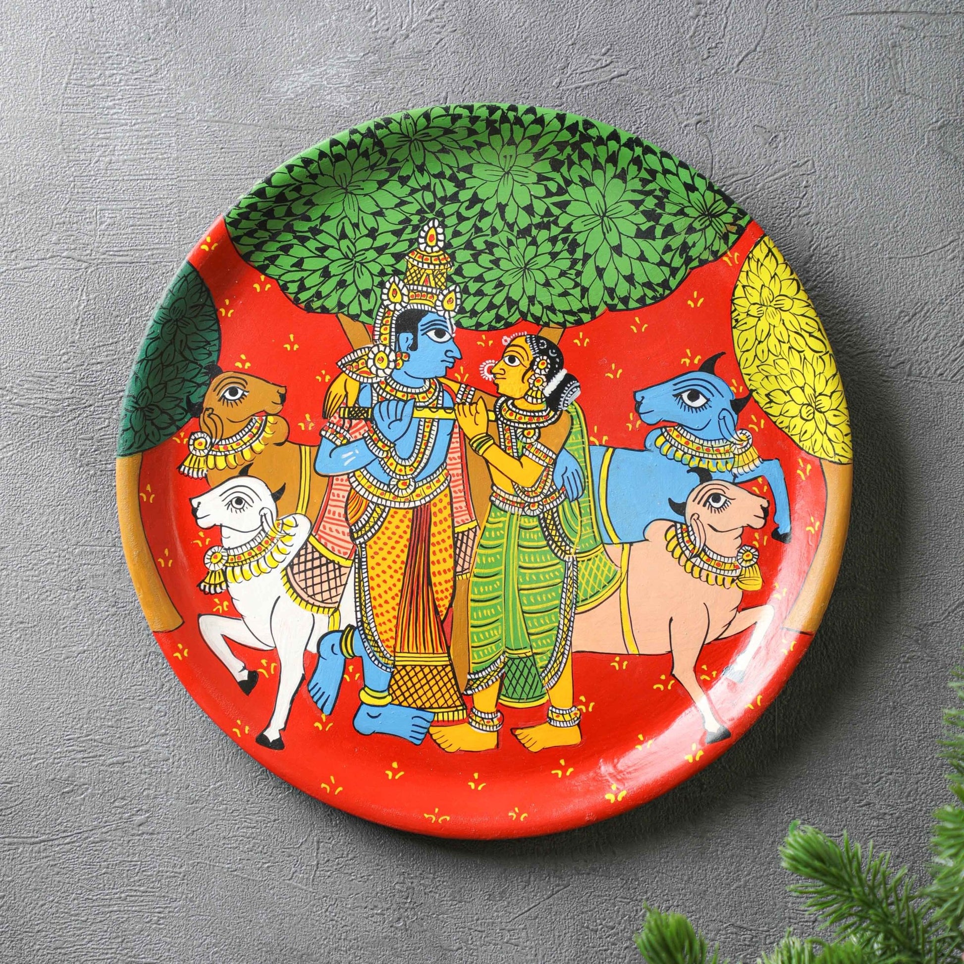 Radha Krishna Cheriyal Wall Plate - 12" Cheriyal Art PRO Indian