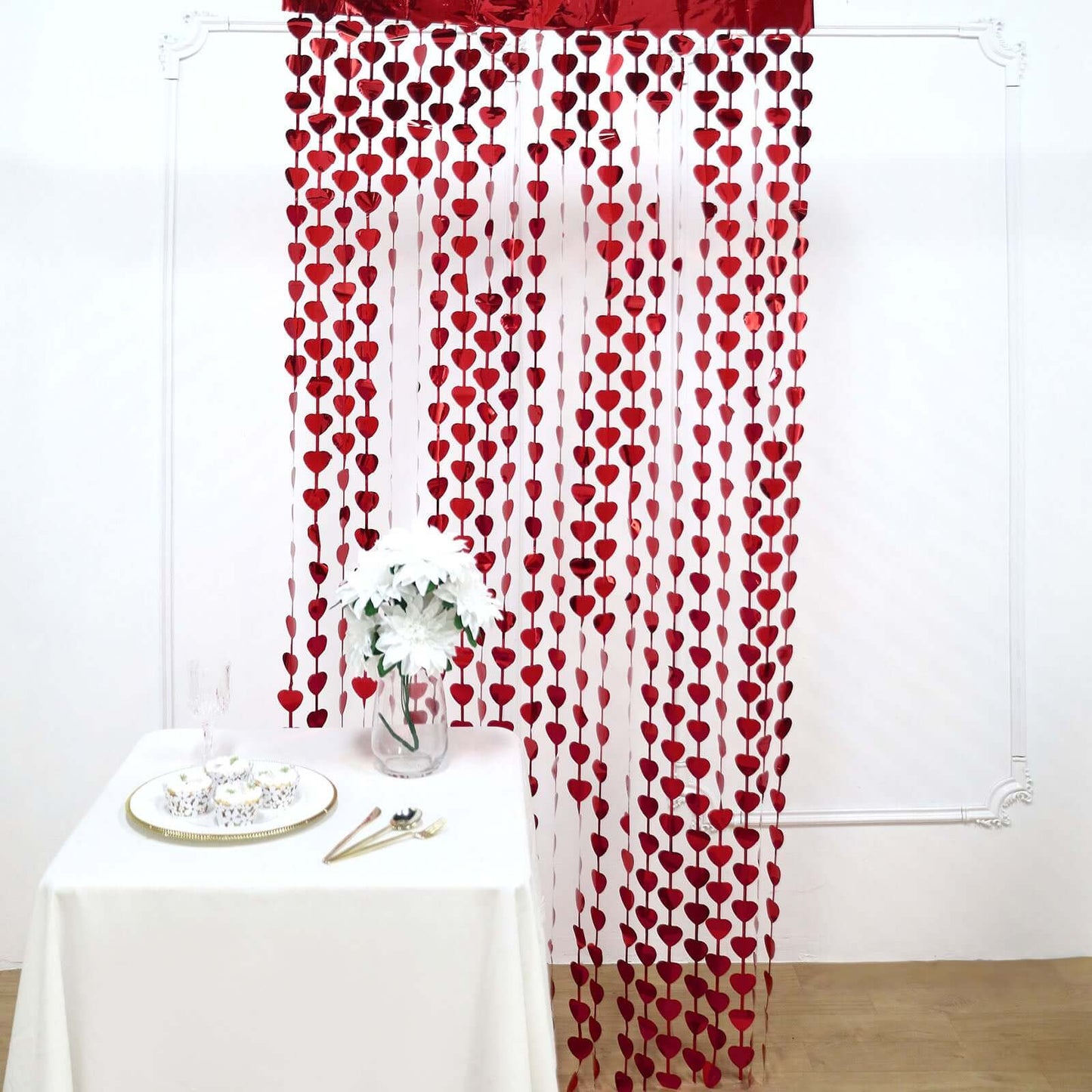 Red Heart Chain Foil Fringe Curtain Party Backdrop, Metallic Red Tinsel Streamer Party Decor - Door Window Foil Curtain - 3ftx6.5ft Pro Linens