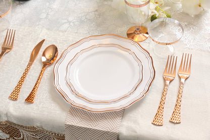 Rose Gold and White Round Plastic Plates 10 Pack - Aristocrat Plate Pro Linens