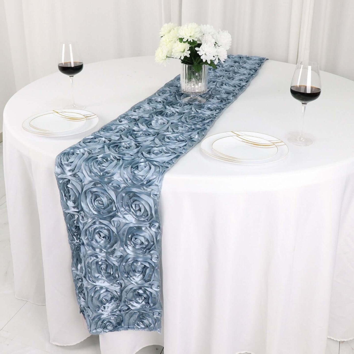 Rosette Satin 14"x108" Table Runner Dusty Blue - Grandiose Design Pro Linens