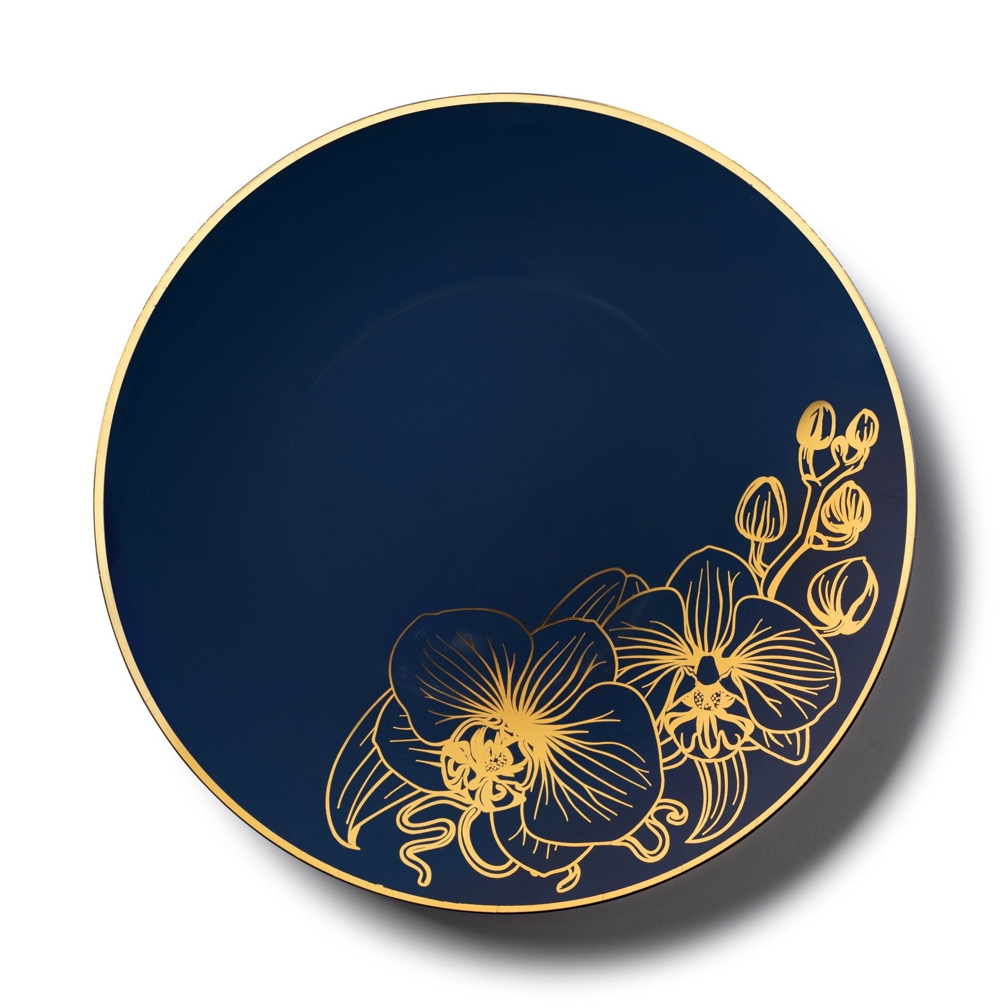 Royal Blue and Gold Round Plastic Plates - Orchid Plate Pro Linens