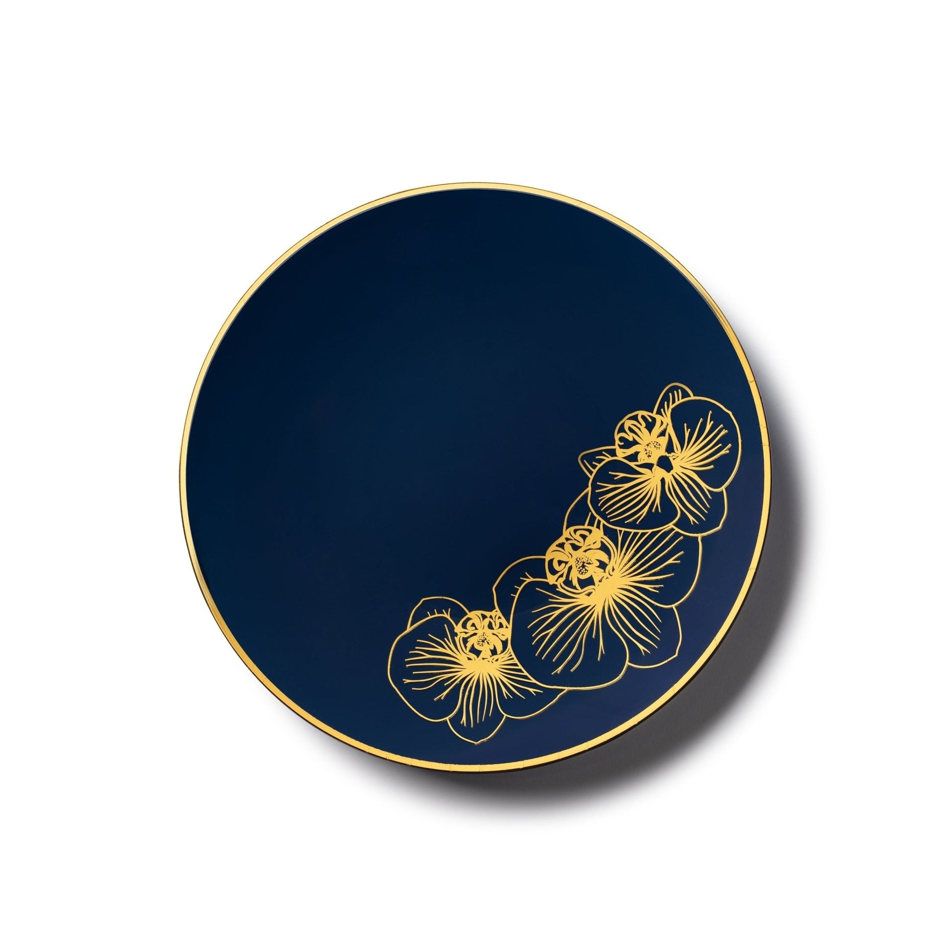 Royal Blue and Gold Round Plastic Plates - Orchid Plate Pro Linens