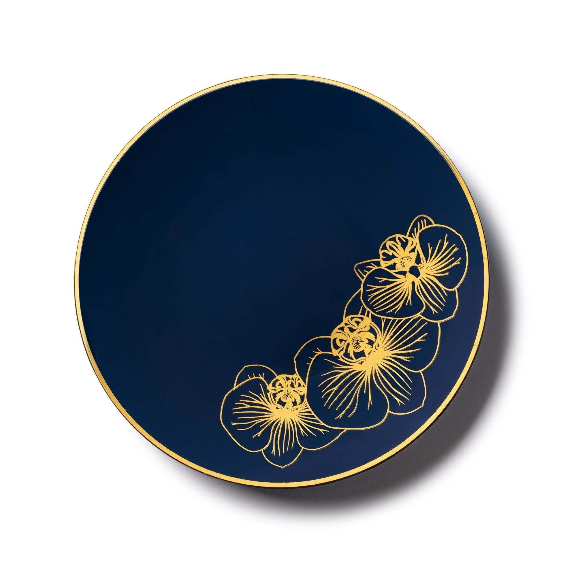 Royal Blue and Gold Round Plastic Plates - Orchid Plate Pro Linens