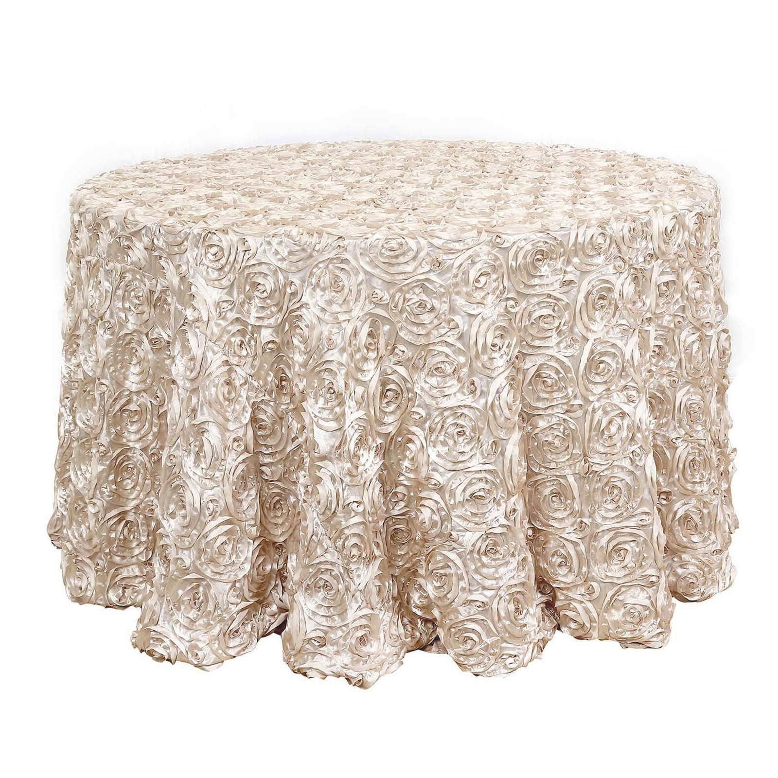 Satin 120" Round Tablecloth Beige - Grandiose 3D Rosette with Seamless Finish Table Cover Pro Linens