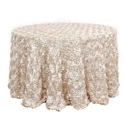 Satin 120" Round Tablecloth Beige - Grandiose 3D Rosette with Seamless Finish Table Cover Pro Linens