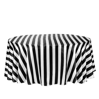 Satin 120" Round Tablecloth Black/White - Stripe Design with Seamless Silky Smooth Finish Table Cover Pro Linens