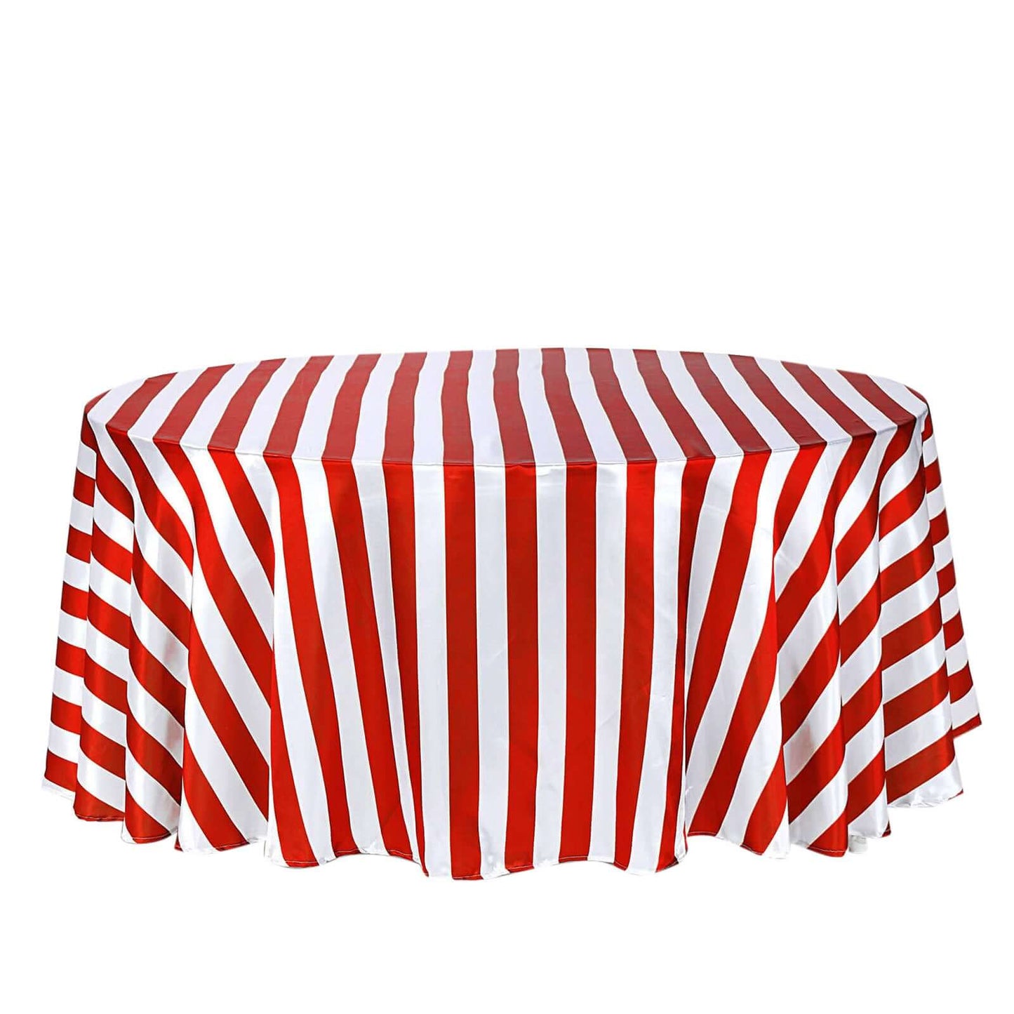 Satin 120" Round Tablecloth Red/White - Stripe Design with Seamless Silky Smooth Finish Table Cover Pro Linens