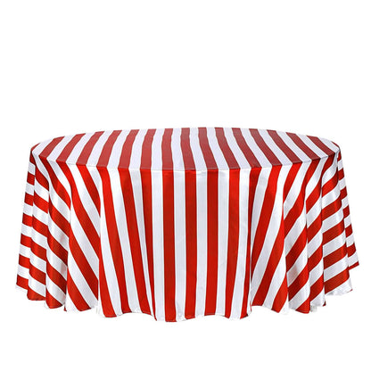 Satin 120" Round Tablecloth Red/White - Stripe Design with Seamless Silky Smooth Finish Table Cover Pro Linens