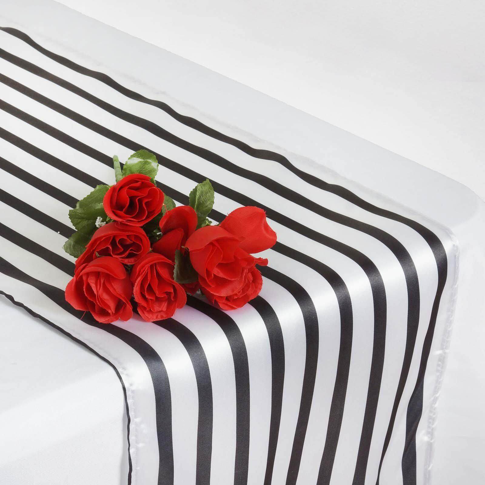 Satin 12"x108" Table Runner Black/White Asymmetric Stripe - Modern Chic Table Decor Pro Linens