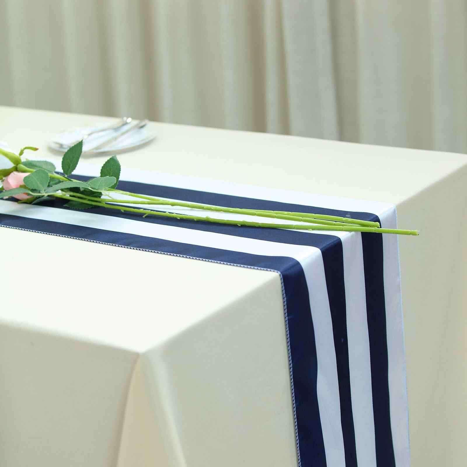 Satin 12"x108" Table Runner Navy Blue/White Stripe - Classic Striped Design Pro Linens