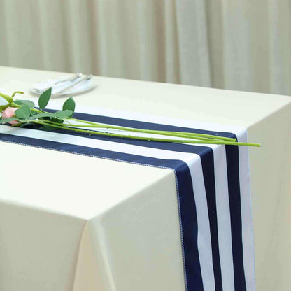 Satin 12"x108" Table Runner Navy Blue/White Stripe - Classic Striped Design Pro Linens