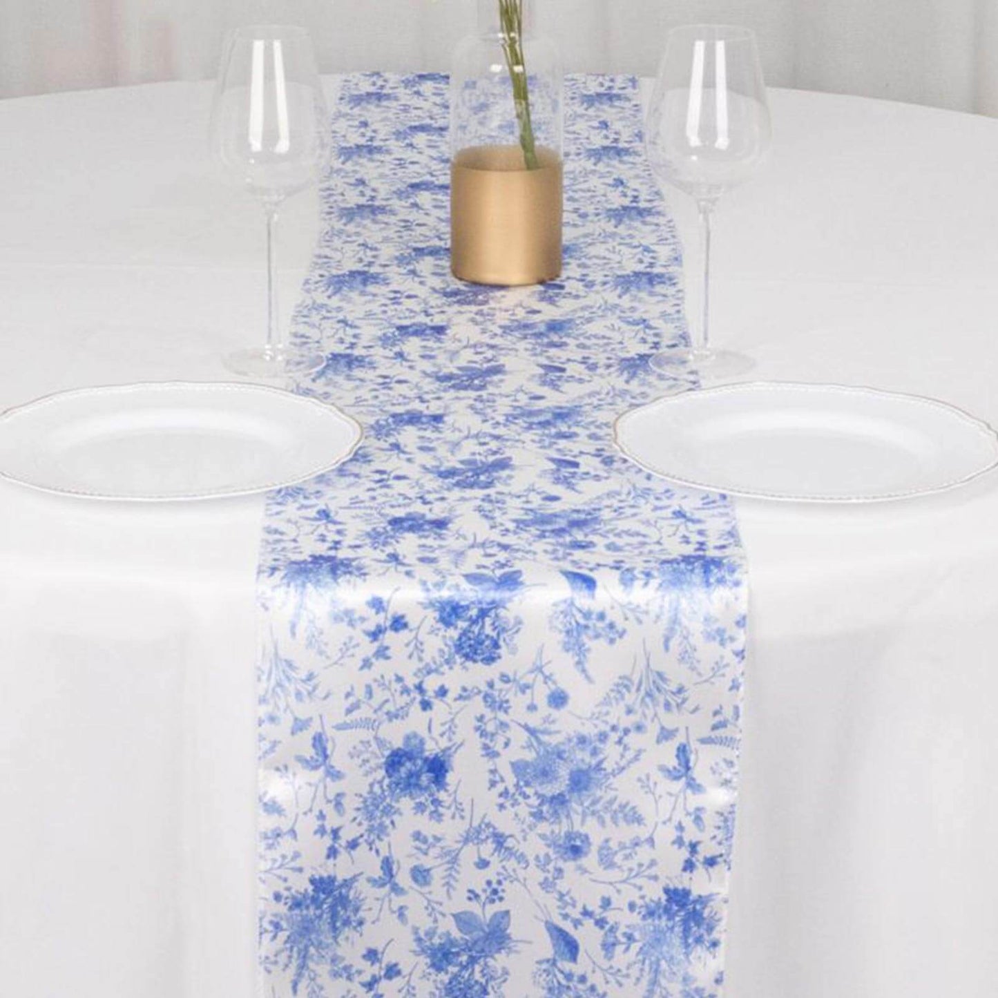 Satin 12"x108" Table Runner White with Blue French Toile Floral Pattern - Refined Style for Upscale Events Pro Linens