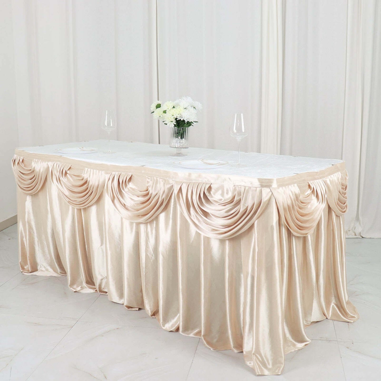 Satin 14ft Table Skirt Beige - Pleated Double Drape Table Cover Pro Linens