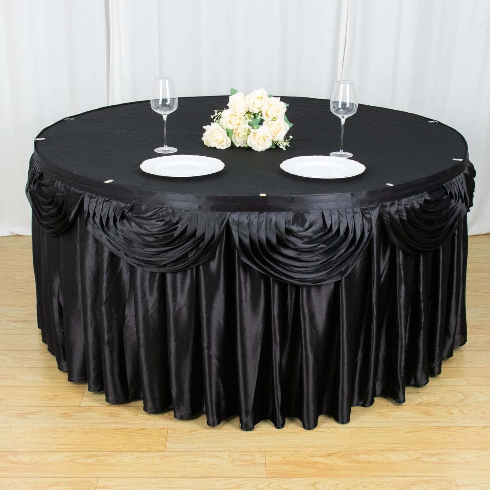 Satin 14ft Table Skirt Black Pleated Double Drape Design - Soft & Graceful for Events Pro Linens