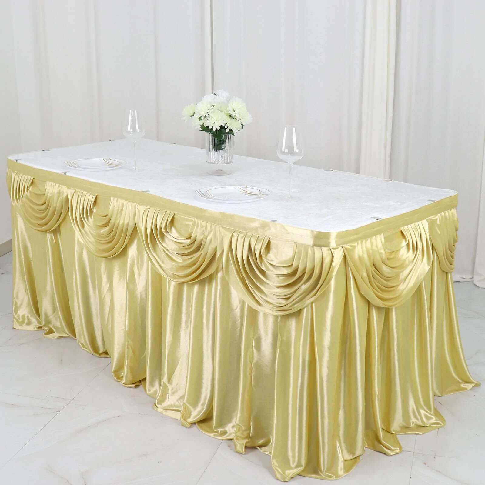 Satin 14ft Table Skirt Champagne - Pleated Double Drape Table Cover Pro Linens