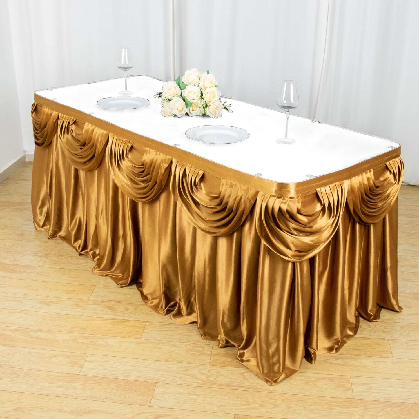 Satin 14ft Table Skirt Gold Pleated Double Drape Design - Soft & Graceful for Events Pro Linens