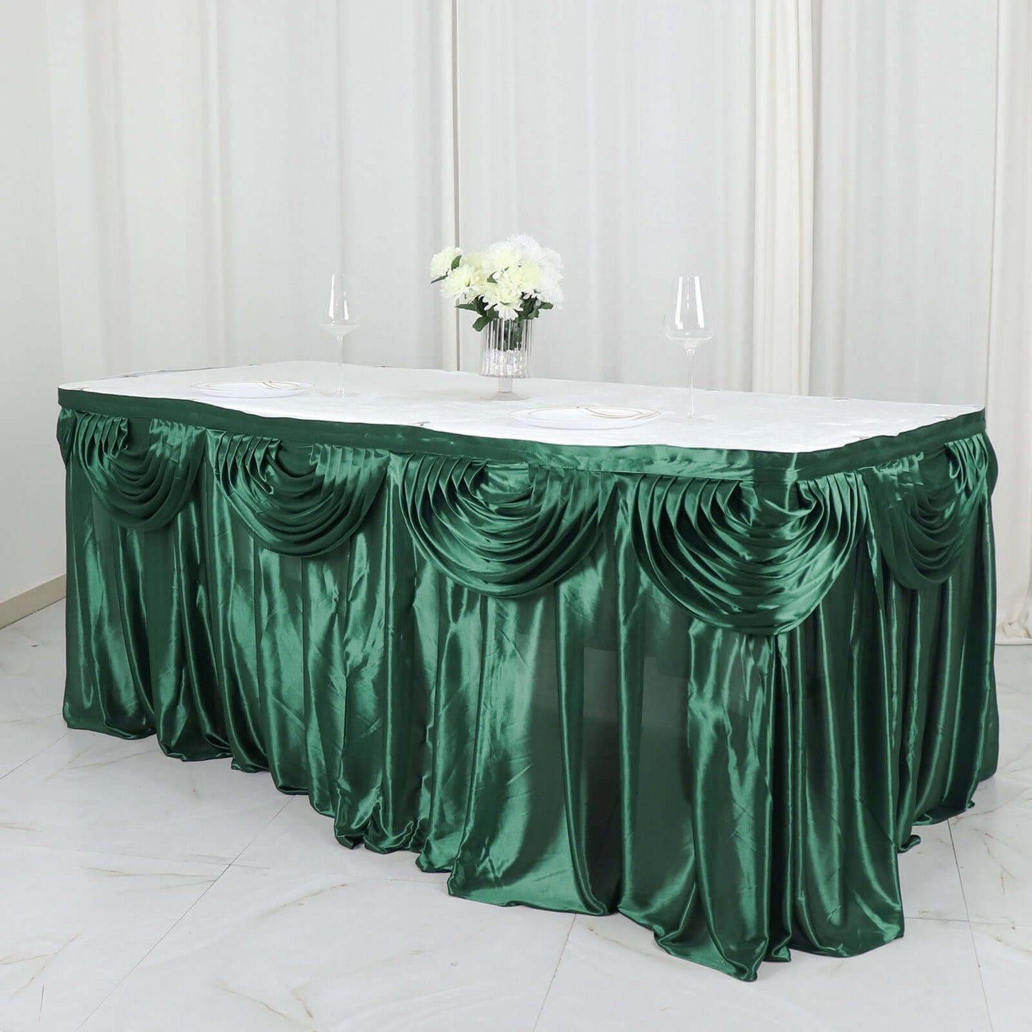 Satin 14ft Table Skirt Hunter Emerald Green - Pleated Double Drape Table Cover Pro Linens