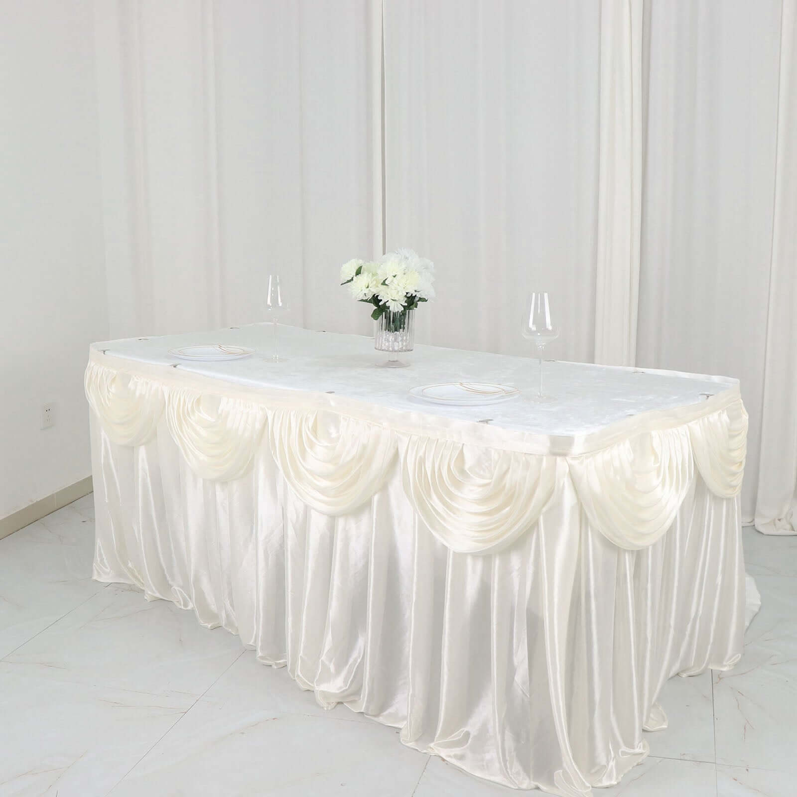 Satin 14ft Table Skirt Ivory - Pleated Double Drape Table Cover Pro Linens