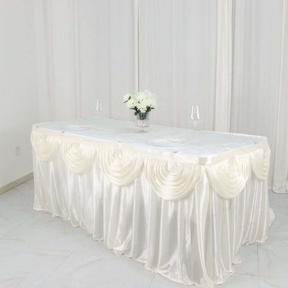 Satin 14ft Table Skirt Ivory - Pleated Double Drape Table Cover Pro Linens