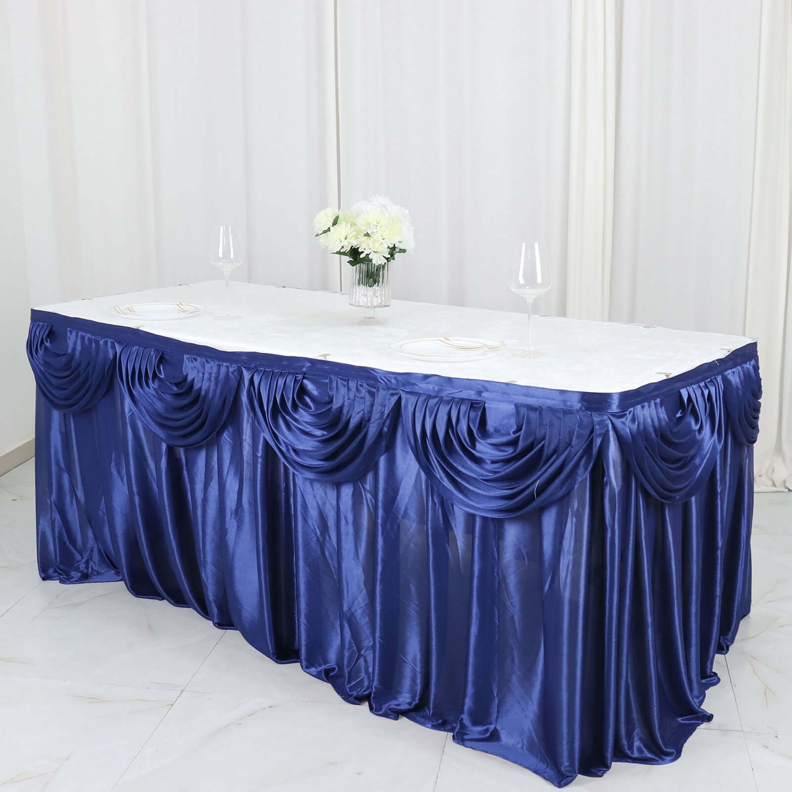 Satin 14ft Table Skirt Navy Blue - Pleated Double Drape Table Cover Pro Linens