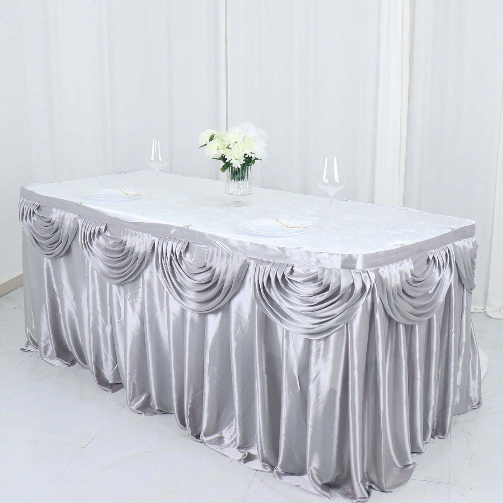 Satin 14ft Table Skirt Silver - Pleated Double Drape Table Cover Pro Linens