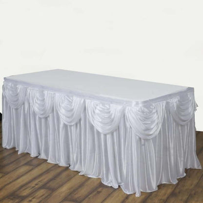 Satin 14ft Table Skirt White Pleated Double Drape Design - Soft & Graceful for Events Pro Linens