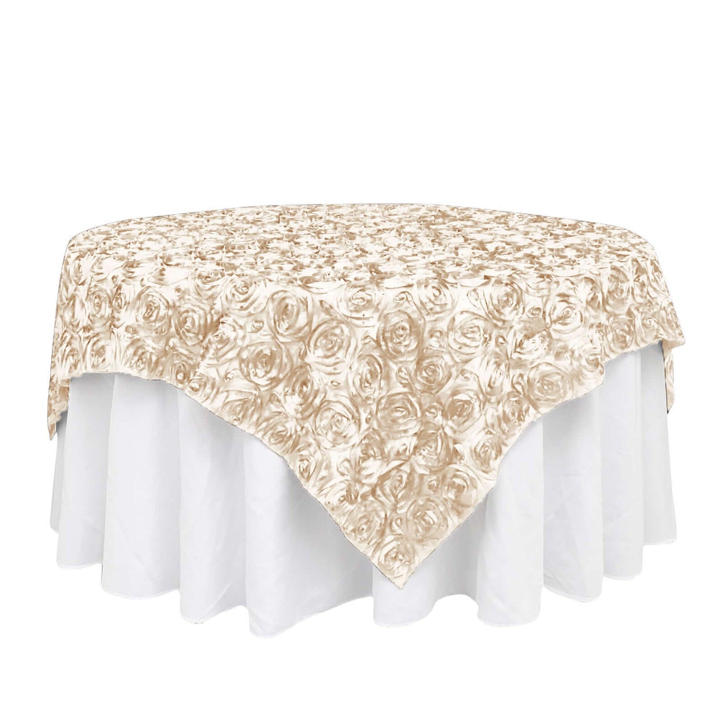 Satin 72"x72" Table Overlay Square Tablecloth Beige - 3D Rosette Table Cover Pro Linens