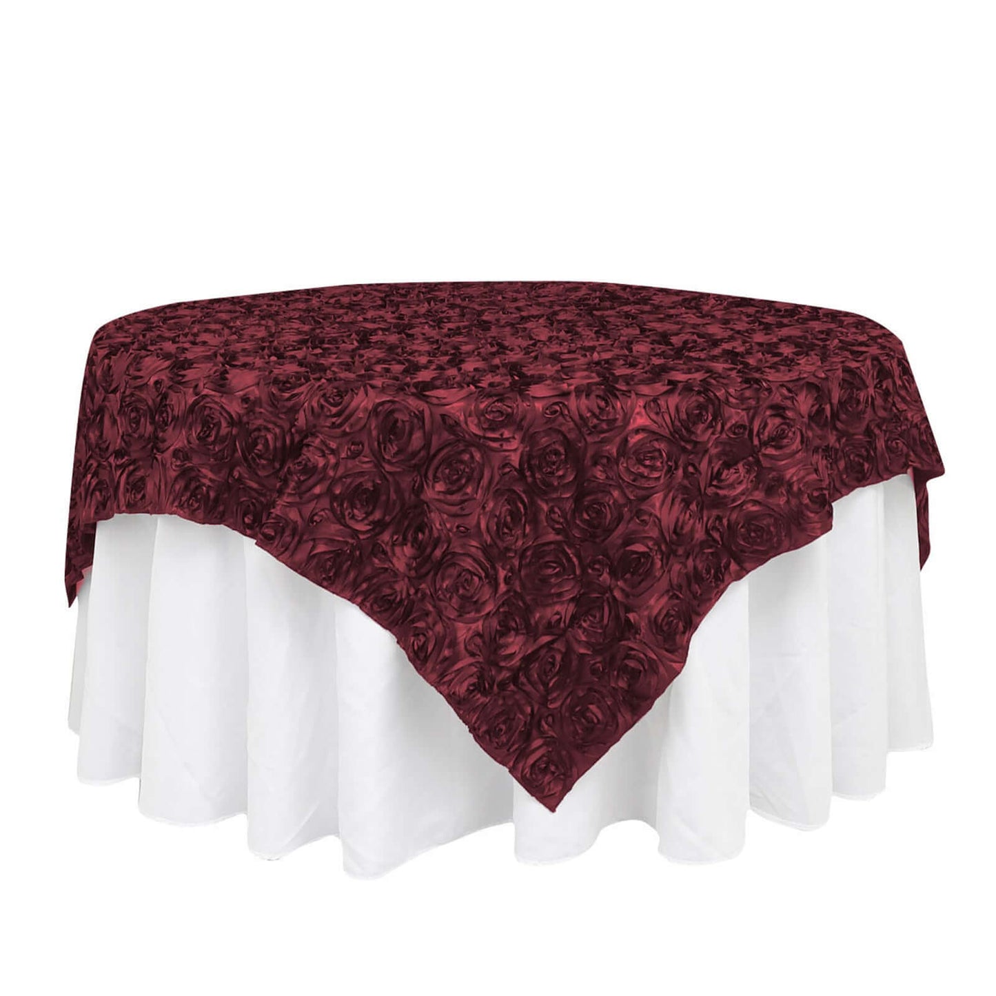 Satin 72"x72" Table Overlay Square Tablecloth Burgundy - 3D Rosette Table Cover Pro Linens