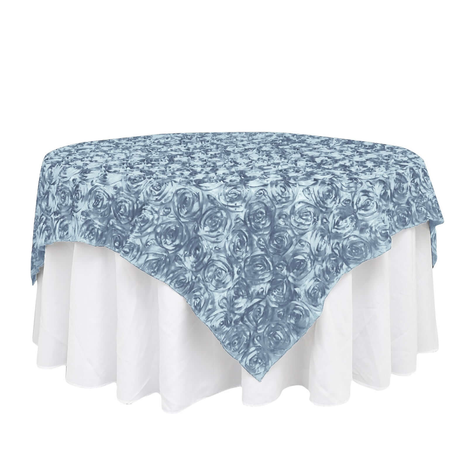 Satin 72"x72" Table Overlay Square Tablecloth Dusty Blue - 3D Rosette Table Cover Pro Linens