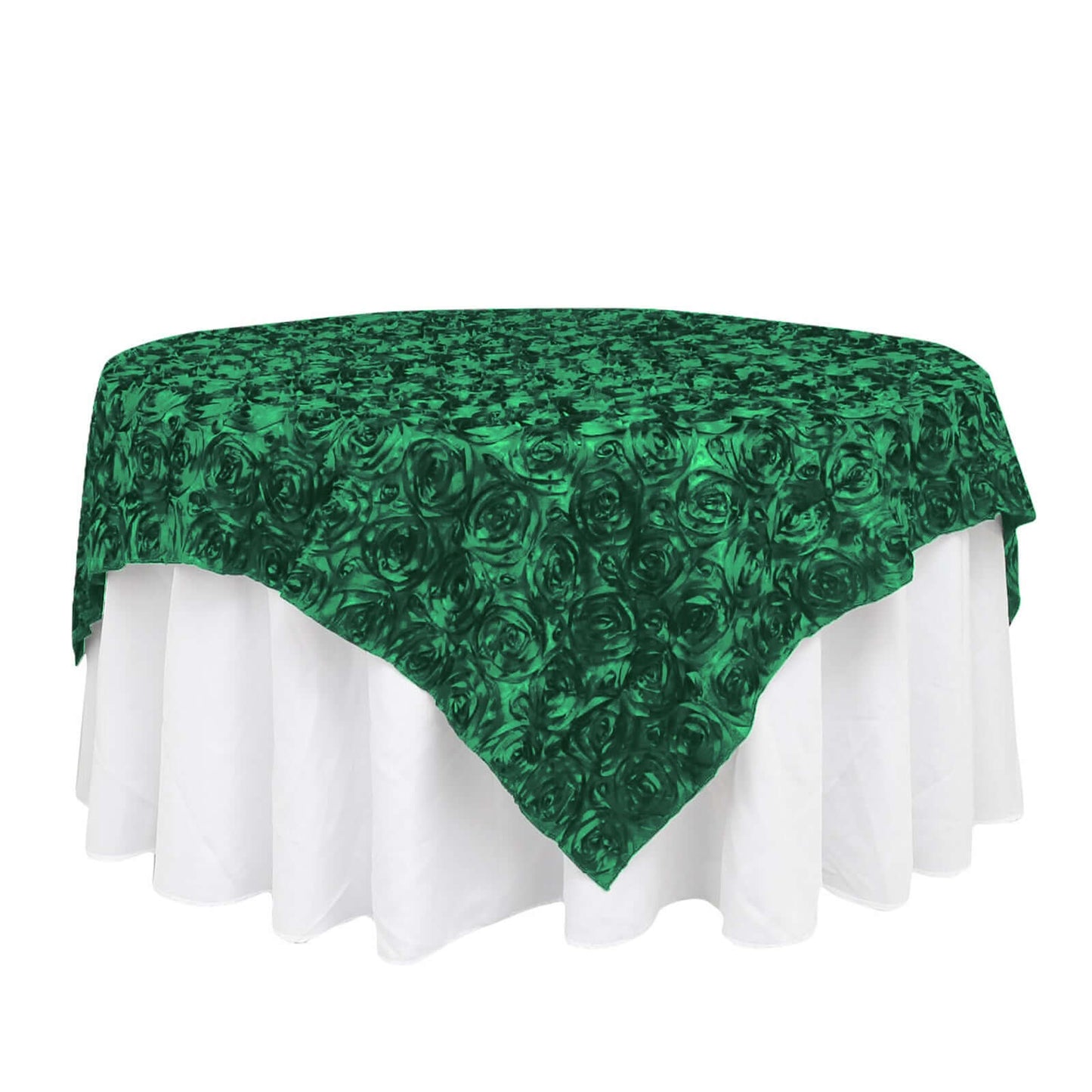 Satin 72"x72" Table Overlay Square Tablecloth Hunter Emerald Green - 3D Rosette Table Cover Pro Linens