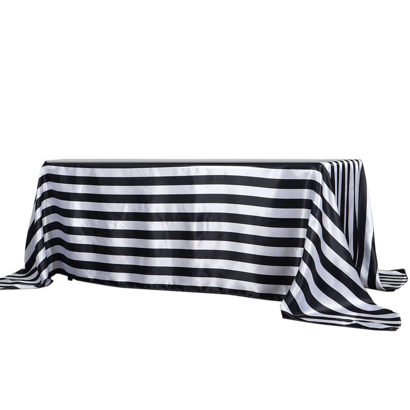 Satin 90"x132" Rectangle Tablecloth Black/White - Stripe Design with Seamless Silky Smooth Finish for Modern Celebrations Pro Linens