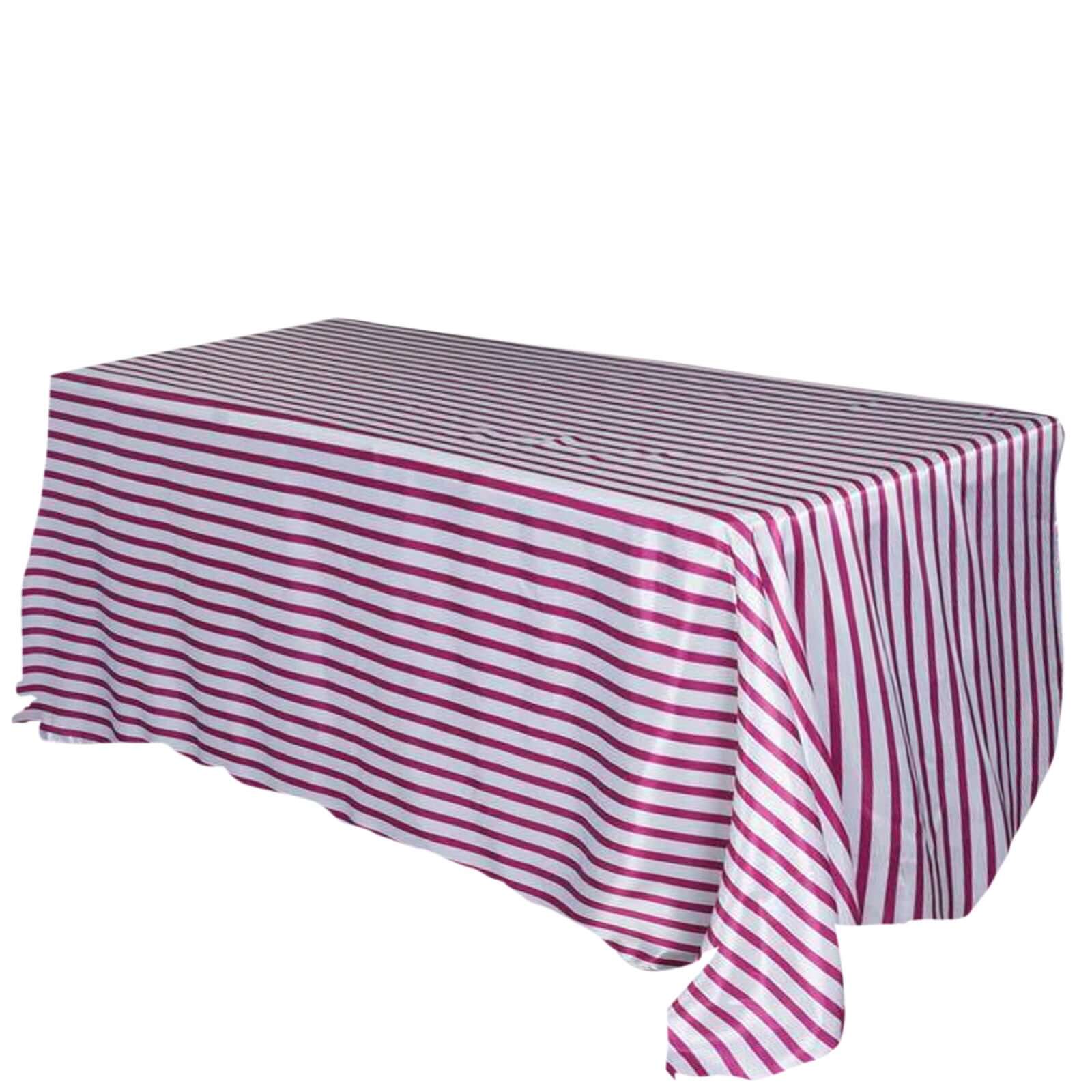 Satin 90"x132" Rectangle Tablecloth White/Fuchsia - Stripe Design with Smooth Finish Table Cover Pro Linens