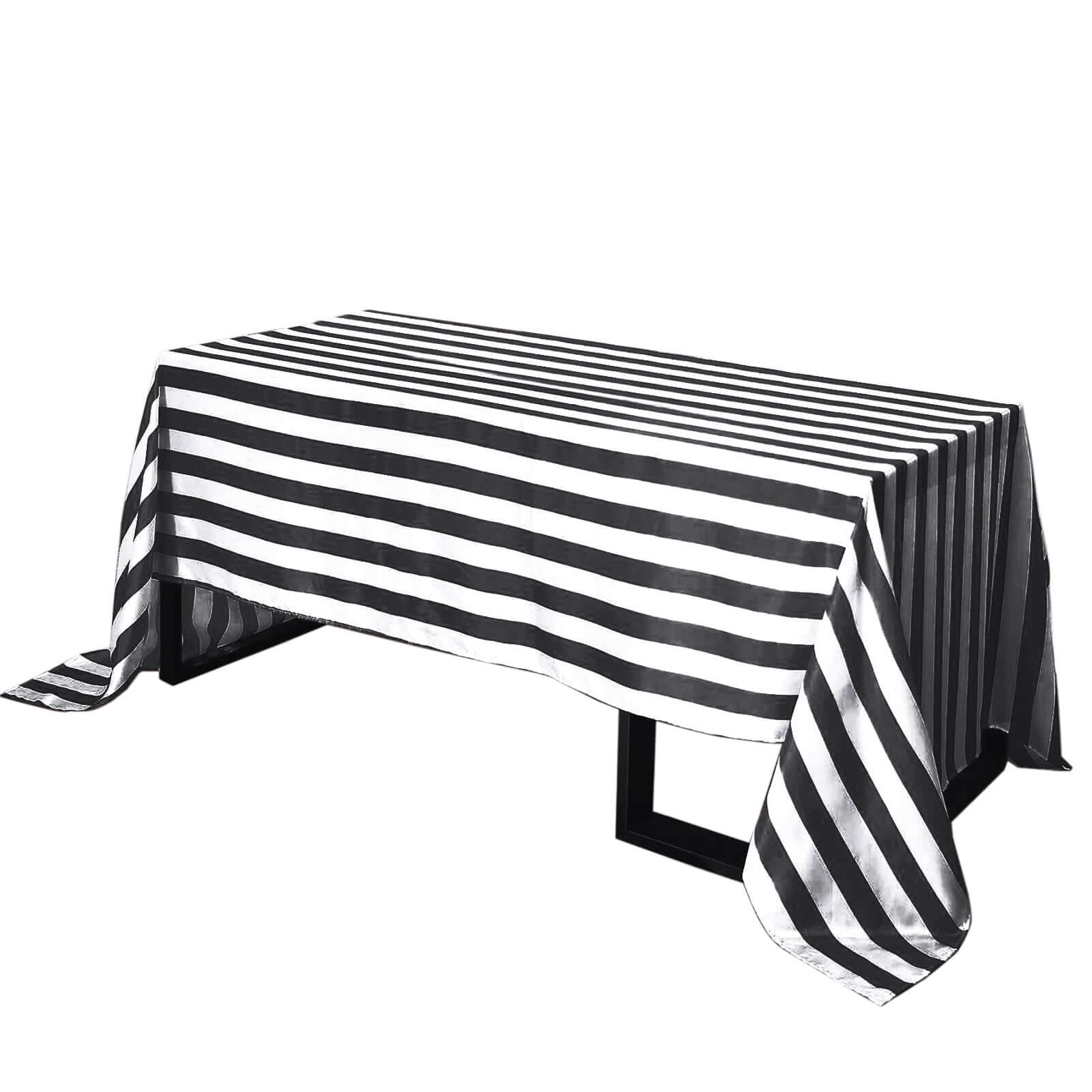 Satin 90"x156" Rectangle Tablecloth Black/White - Stripe Design with Seamless Finish Table Cover Pro Linens