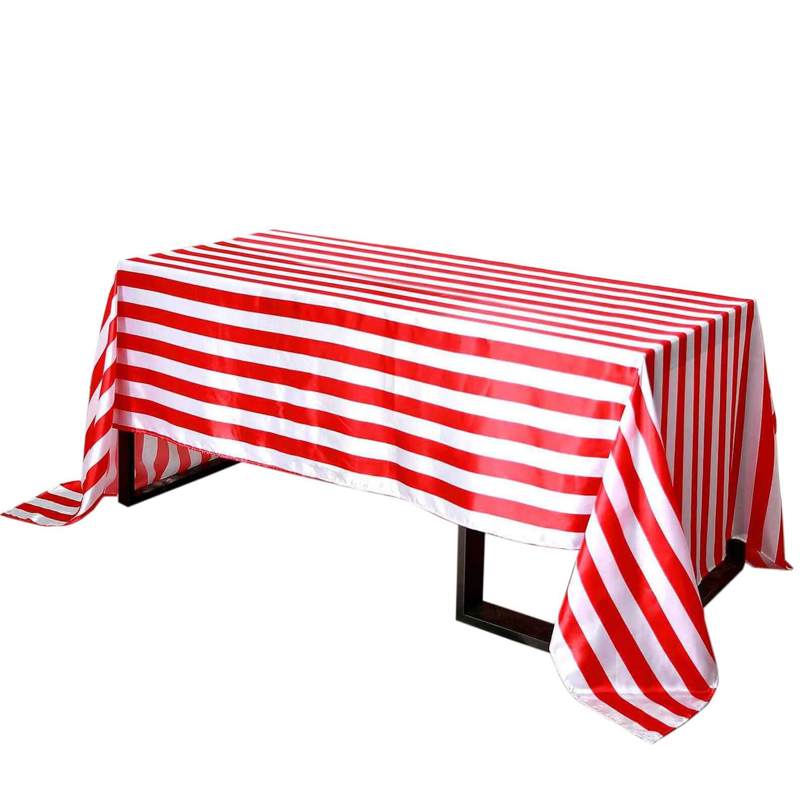 Satin 90"x156" Rectangle Tablecloth Red/White - Stripe Design with Seamless Finish Table Cover Pro Linens