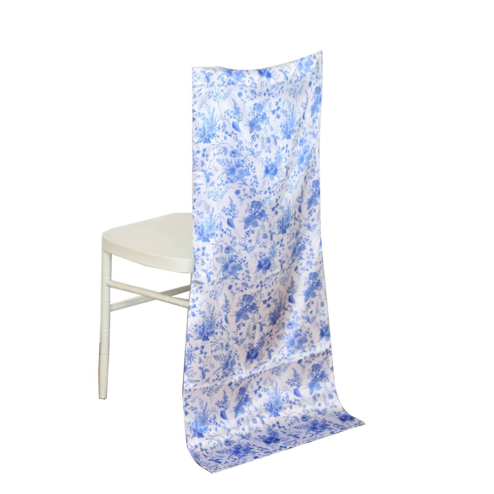 Satin Chair Slipcover French Toile Floral Print for Chiavari Chairs White/Blue - Stylish Wedding Chair Back Cover Pro Linens