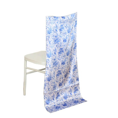 Satin Chair Slipcover French Toile Floral Print for Chiavari Chairs White/Blue - Stylish Wedding Chair Back Cover Pro Linens