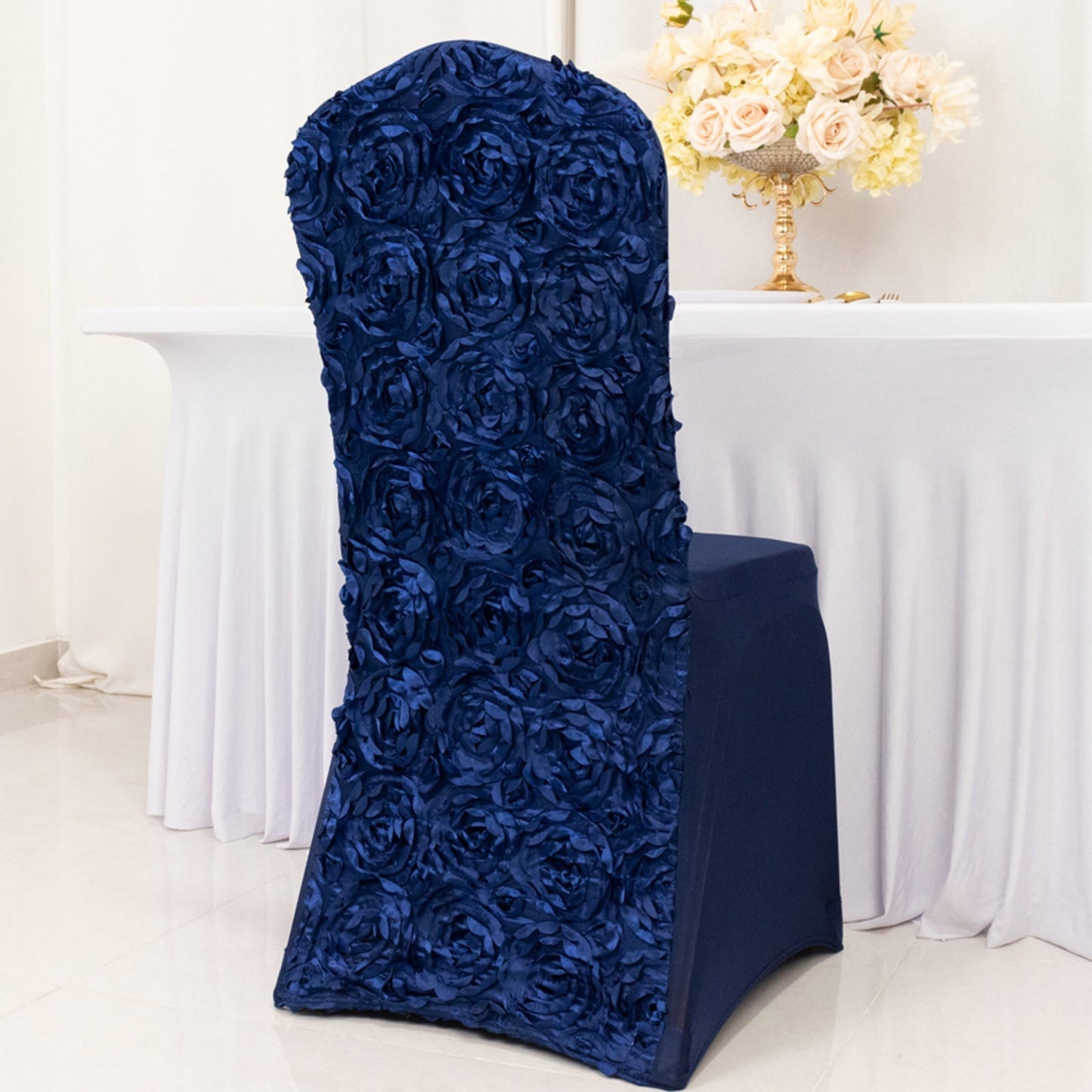 Satin Rosette Chair Cover for Banquet Chairs Navy Blue - Stretch Fitted Slip-On Slipcover Pro Linens