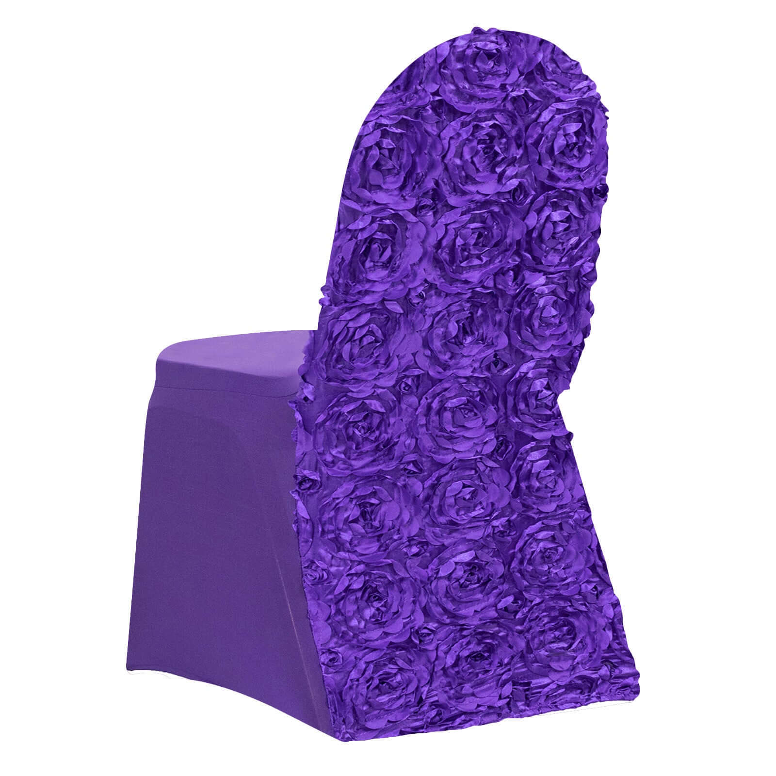 Satin Rosette Chair Cover for Banquet Chairs Purple - Stretch Fitted Slip-On Slipcover Pro Linens