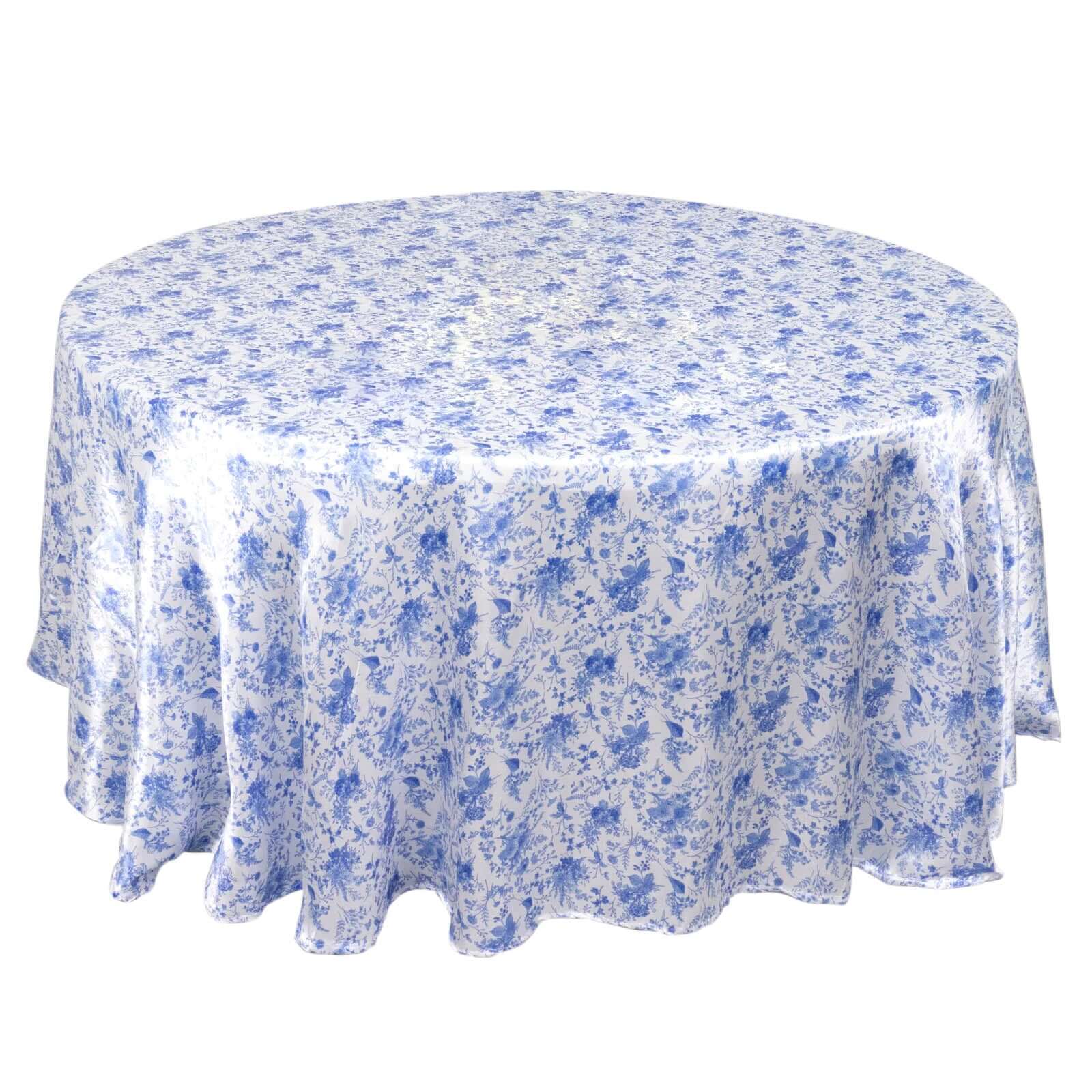 Satin Round 120" Tablecloth White/Blue French Toile Design - Seamless Stylish & Wrinkle-Resistant Table Cover Pro Linens