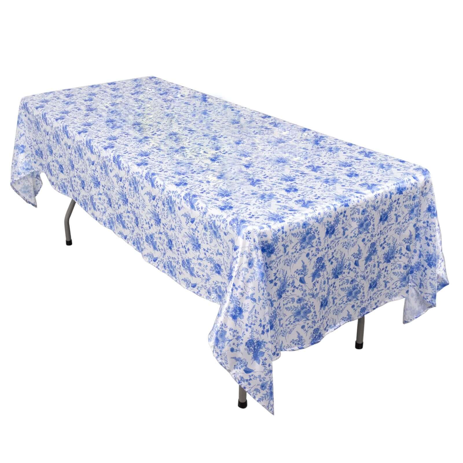 Satin Round 60"x102" Tablecloth White/Blue French Toile Design - Stylish & Wrinkle-Resistant Table Cover Pro Linens