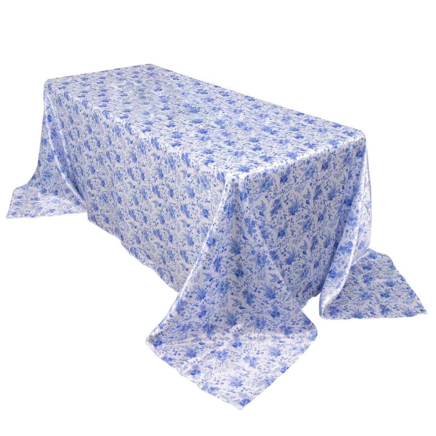 Satin Round 90"x132" Tablecloth White/Blue French Toile Design - Seamless Stylish & Wrinkle-Resistant Table Cover Pro Linens