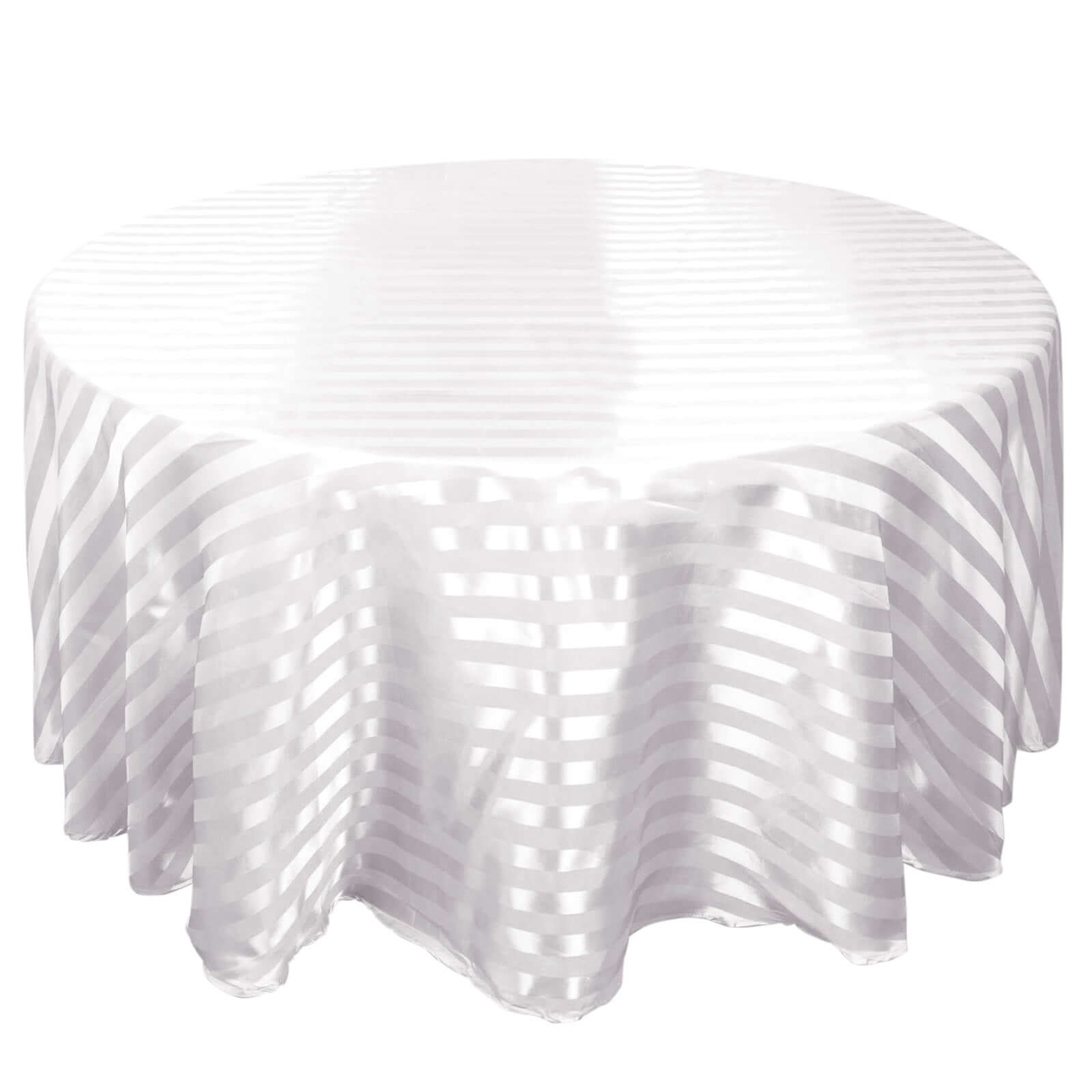 Satin Striped 120" Round Tablecloth White Satin Stripe - Silky Smooth Seamless Wedding Decor Pro Linens