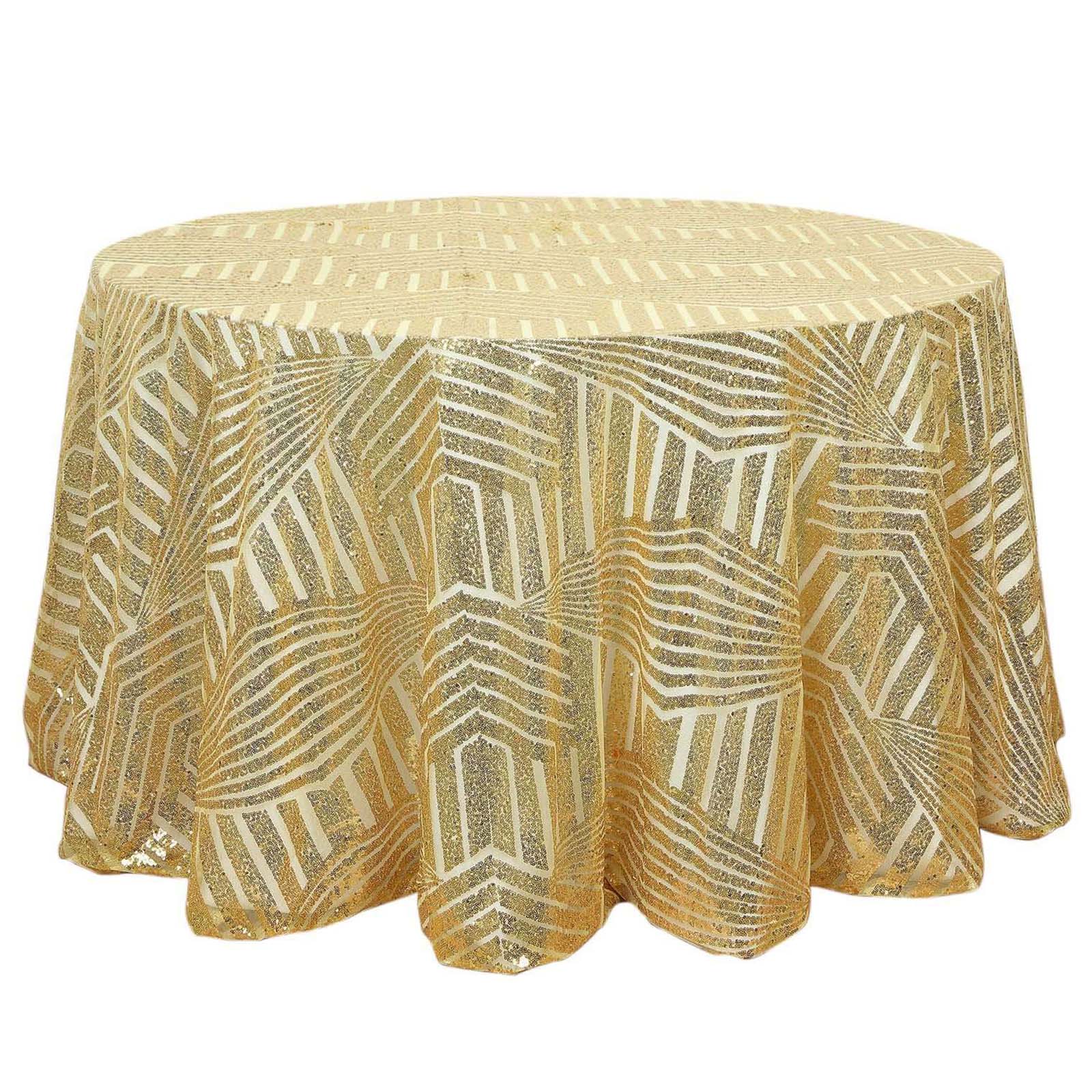 Sequin 120" Round Tablecloth Gold - Seamless Diamond Glitz Design for Glamorous Gatherings - Pro Linens