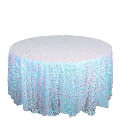 Sequin 120" Round Tablecloth Iridescent Blue - Seamless Big Payette Table Cover Pro Linens