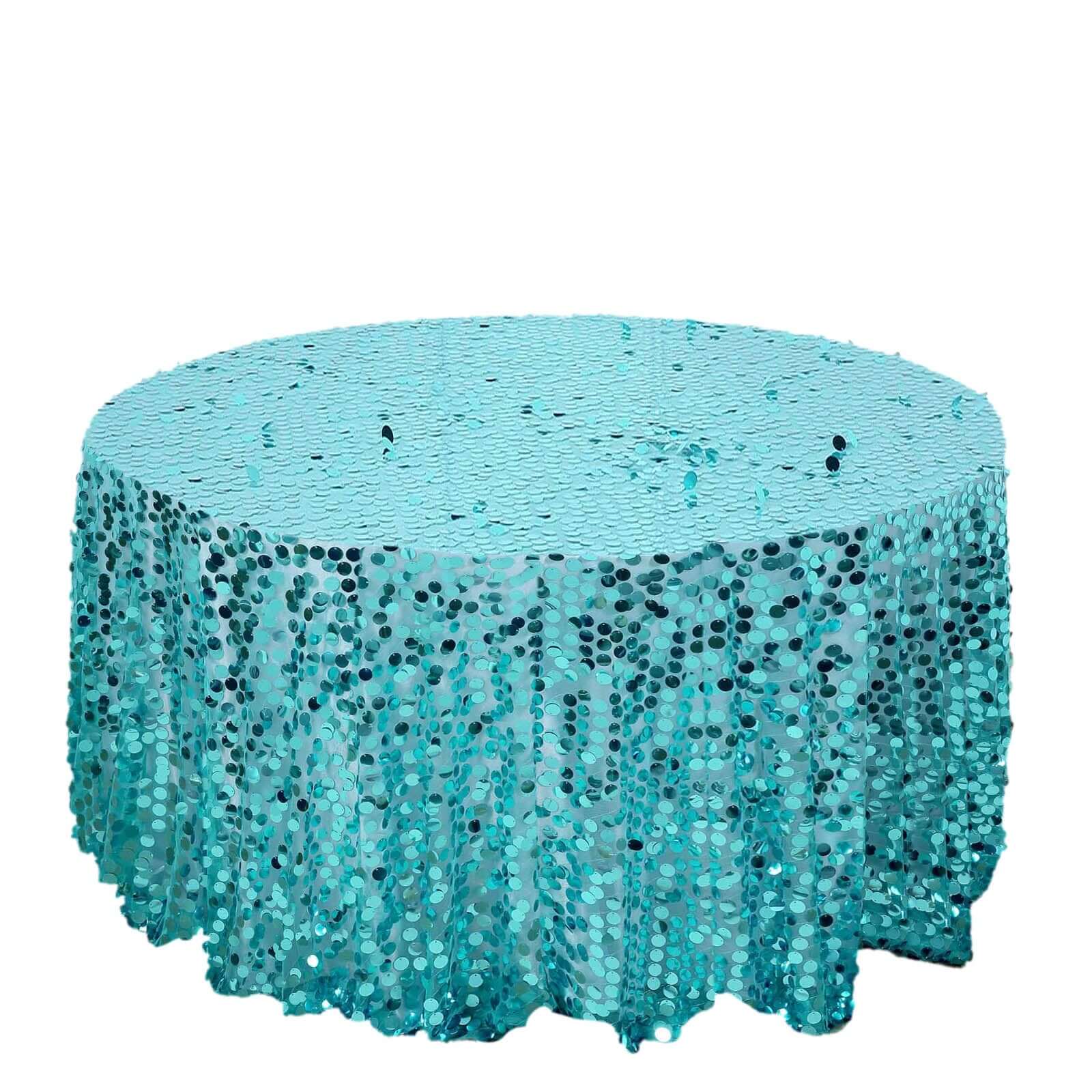 Sequin 120" Round Tablecloth Turquoise - Seamless Big Payette Table Cover Pro Linens