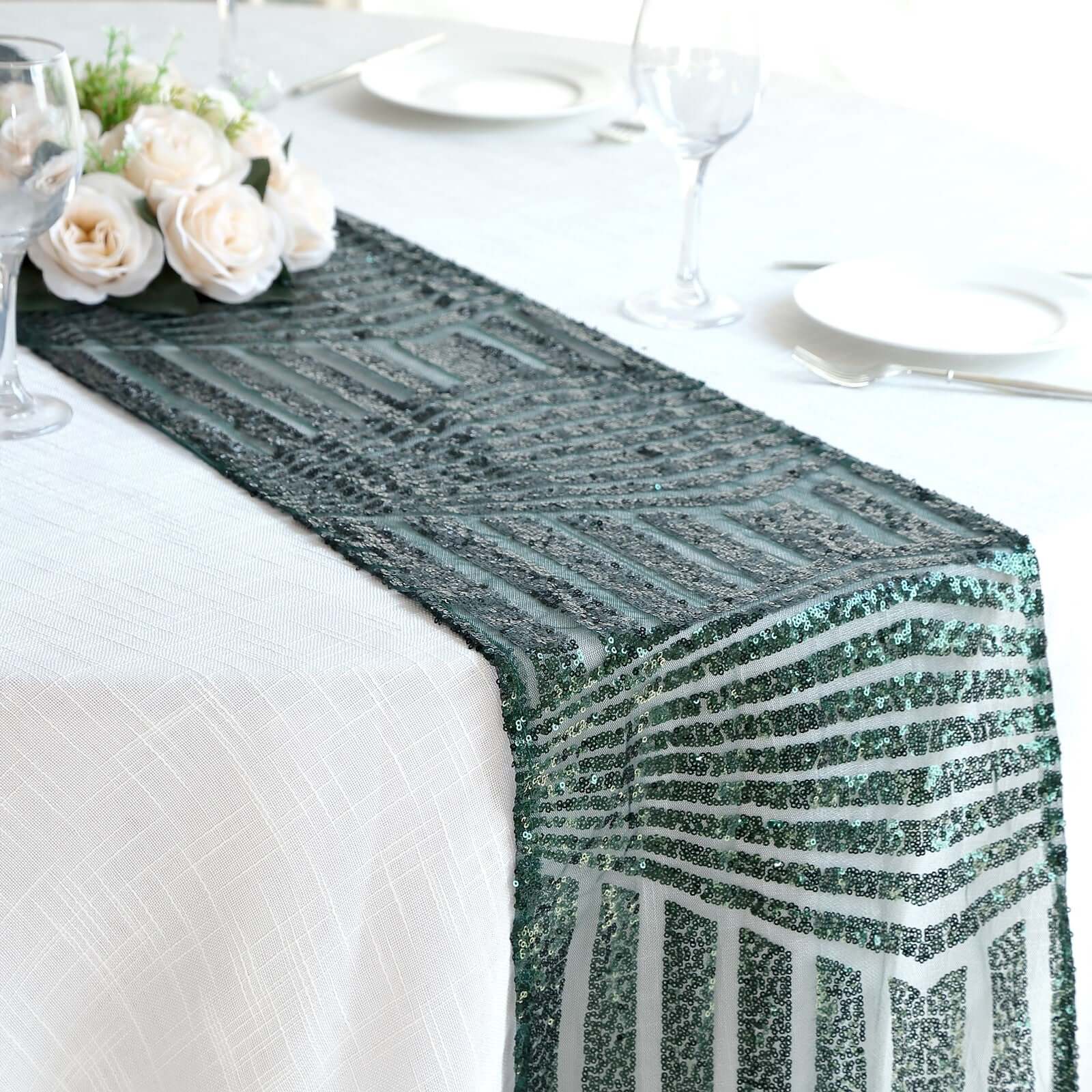 Sequin 12"x108" Table Runner Hunter Emerald Green - Diamond Glitz Design - Pro Linens